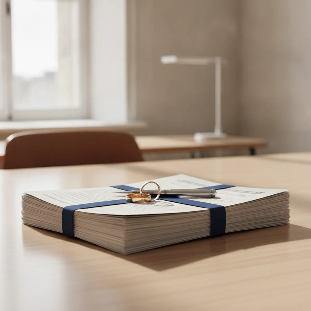 A divorcing couple dividing assets and property documents on a table