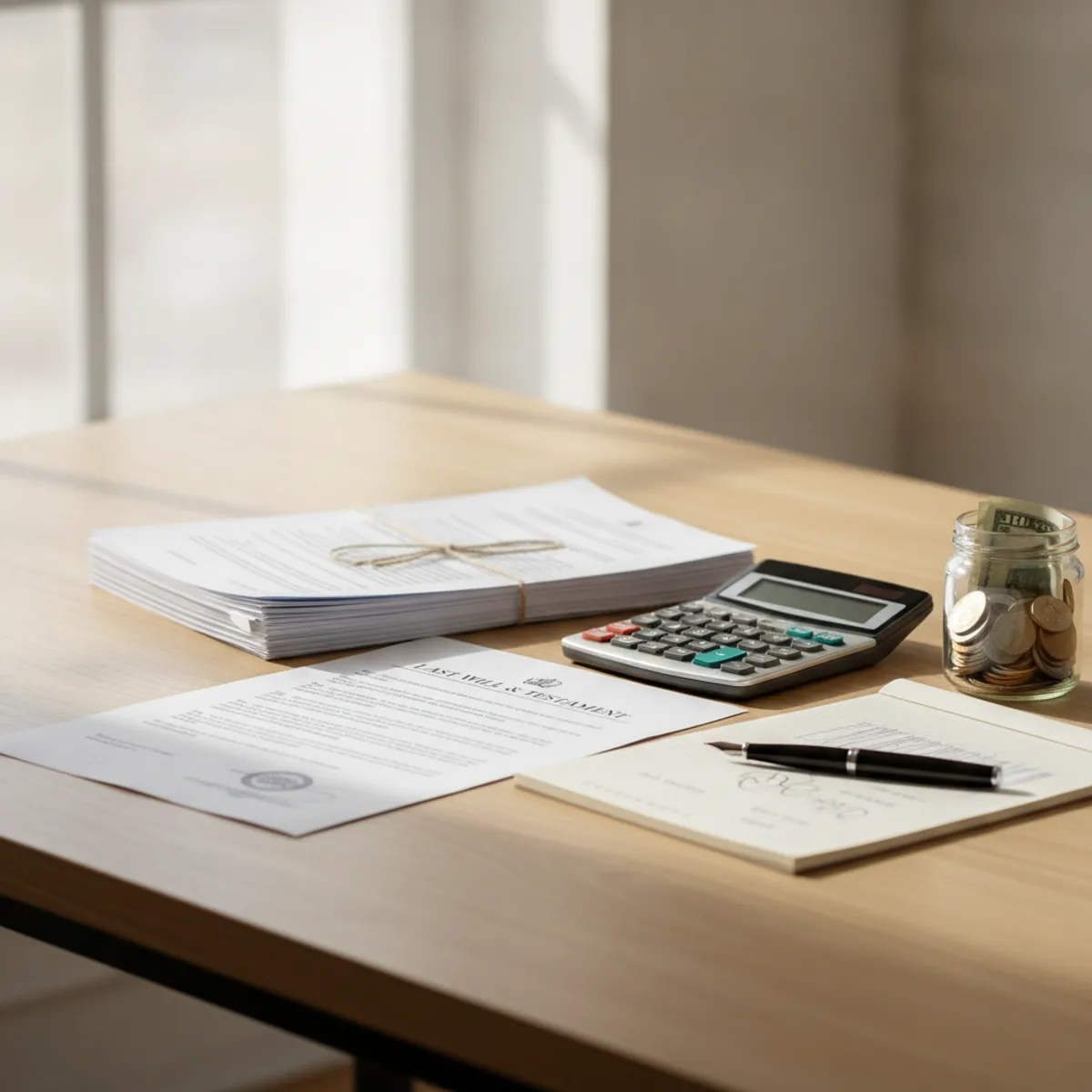California probate cost documents and a calculator on a desk